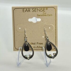 Ear‎ Sense Silver Tone Black Teardrop AB Rhinestone Hypoallergenic Earrings NEW